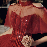 Burgundy tulle sequins long ball gown dress evening gown - Thumbnail 1