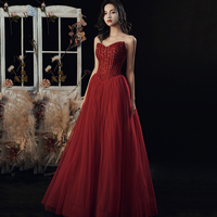 Burgundy tulle sequins long ball gown dress evening gown - Thumbnail 2