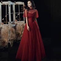 Burgundy tulle sequins long ball gown dress evening gown - Thumbnail 4