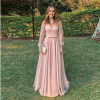 2021 New Arrival Prom Dress For Girl V Neck Formal Gown A Line Blush Pink Long Sleeve Chiffon,1150 - Thumbnail 1