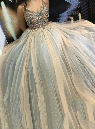 SP1703,A-line Tulle Appliques Spaghetti-straps Long Prom Party Dresses