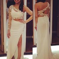 SP1705,Designer Sheath One Shoulder Long Sleeves Sweep Brush Train Long Dress - Thumbnail 1