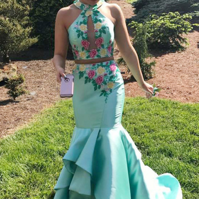 Sp1706,elegant 2 pieces sheath mermaid mint open back long prom dresses - Thumbnail 5