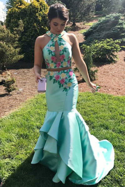 SP1706,Elegant 2 Pieces Sheath Mermaid Mint Open Back Long Prom Dresses