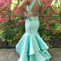 SP1706,Elegant 2 Pieces Sheath Mermaid Mint Open Back Long Prom Dresses - Thumbnail 1