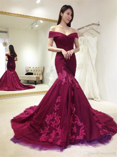 SP1707,Burgundy v neck lace long prom dress,mermaid evening dress