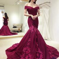 SP1707,Burgundy v neck lace long prom dress,mermaid evening dress - Thumbnail 1