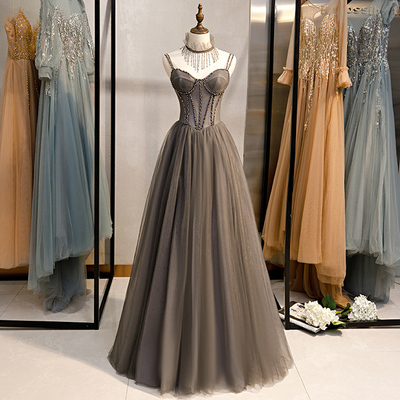 Special Long Grey Tulle Prom Dress Corset With Beaded Neck,1152