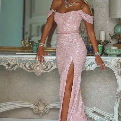 Sp1714,pink off the shoulder sequin sparkle custom long prom dress with split - Thumbnail 3