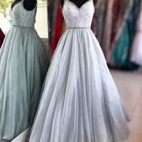 SP1715,A-Line V-neck Beaded Long Prom Dresses Sleeveless Formal Gown - Thumbnail 1