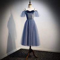 Blue velvet tulle short prom dress party dress,1154 - Thumbnail 1