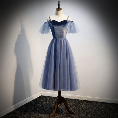 Blue velvet tulle short prom dress party dress,1154 - Thumbnail 3