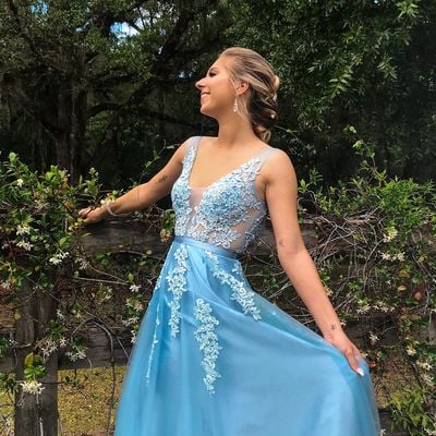 Sp1716,gorgeous a-line v-neck ice blue prom dresses,long formal dress with appliques - Thumbnail 4
