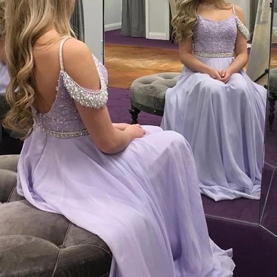 Sp1717,a-line lilac long prom dresses chiffon evening dress with beading - Thumbnail 4