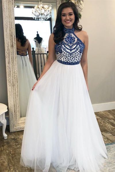 SP1718,High Neck White Blue Embroidery Long Prom Dress Backless Party Gown
