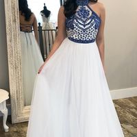 SP1718,High Neck White Blue Embroidery Long Prom Dress Backless Party Gown - Thumbnail 1