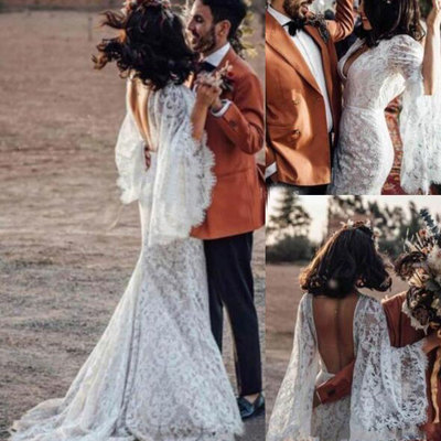 V neck backless lace wedding dresses - Thumbnail 3