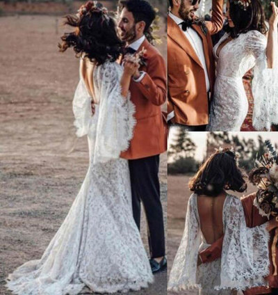 V Neck Backless Lace Wedding Dresses