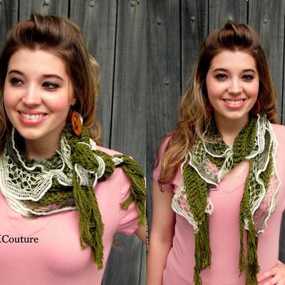 Shabby chic lace cotton scarf summer lightweight scarf olive green & cream