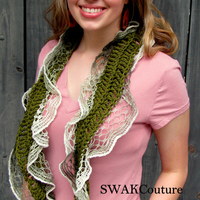 Shabby Chic Lace Cotton Scarf Summer Lightweight Scarf Olive Green & Cream - Thumbnail 1