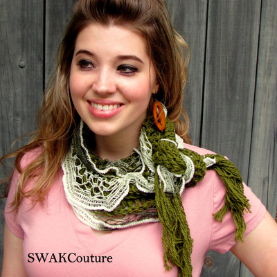 Shabby chic lace cotton scarf summer lightweight scarf olive green & cream