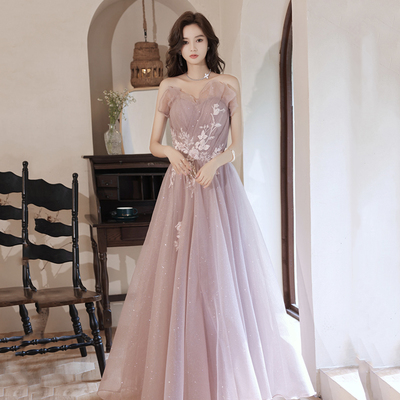 Pink tulle lace long a line prom dress evening gown - Thumbnail 3