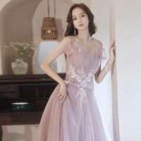 Pink tulle lace long A line prom dress evening gown - Thumbnail 2