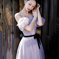 Purple tulle long A line prom gown evening gown - Thumbnail 3