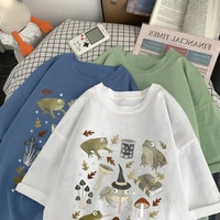 Cute Frog Magic Mushroom Witchcraft Print Short Sleeve T- Shirt Top Aesthetic Casual Summer E-Girl Kawaii Korean Japanese Harajuku - Thumbnail 1
