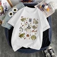 Cute Frog Magic Mushroom Witchcraft Print Short Sleeve T- Shirt Top Aesthetic Casual Summer E-Girl Kawaii Korean Japanese Harajuku - Thumbnail 2