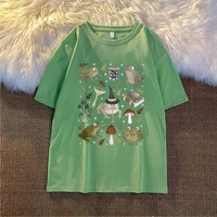 Cute Frog Magic Mushroom Witchcraft Print Short Sleeve T- Shirt Top Aesthetic Casual Summer E-Girl Kawaii Korean Japanese Harajuku - Thumbnail 6