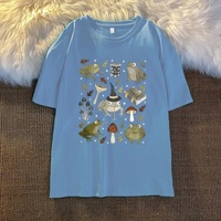 Cute Frog Magic Mushroom Witchcraft Print Short Sleeve T- Shirt Top Aesthetic Casual Summer E-Girl Kawaii Korean Japanese Harajuku - Thumbnail 7