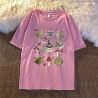 Cute Frog Magic Mushroom Witchcraft Print Short Sleeve T- Shirt Top Aesthetic Casual Summer E-Girl Kawaii Korean Japanese Harajuku - Thumbnail 8