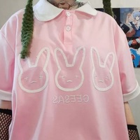 Cute Pastel Bunny Rabbit Embroidery Polo Short Sleeve T- Shirt Top Aesthetic Casual Summer E-Girl Kawaii Korean Japanese Harajuku - Thumbnail 6