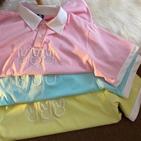Cute Pastel Bunny Rabbit Embroidery Polo Short Sleeve T- Shirt Top Aesthetic Casual Summer E-Girl Kawaii Korean Japanese Harajuku - Thumbnail 1