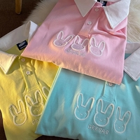 Cute Pastel Bunny Rabbit Embroidery Polo Short Sleeve T- Shirt Top Aesthetic Casual Summer E-Girl Kawaii Korean Japanese Harajuku - Thumbnail 2