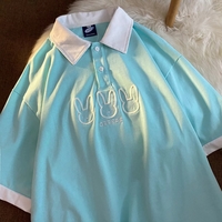 Cute Pastel Bunny Rabbit Embroidery Polo Short Sleeve T- Shirt Top Aesthetic Casual Summer E-Girl Kawaii Korean Japanese Harajuku - Thumbnail 4
