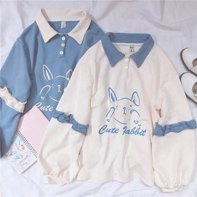 Cute Bunny Rabbit Graphic Vintage Collar Long Sleeve T- Shirt Sweatshirt Aesthetic Casual  E-Girl Kawaii Korean Japanese Harajuku