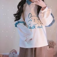 Cute Bunny Rabbit Graphic Vintage Collar Long Sleeve T- Shirt Sweatshirt Aesthetic Casual  E-Girl Kawaii Korean Japanese Harajuku - Thumbnail 1