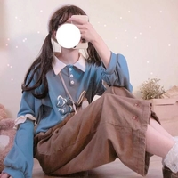 Cute Bunny Rabbit Graphic Vintage Collar Long Sleeve T- Shirt Sweatshirt Aesthetic Casual  E-Girl Kawaii Korean Japanese Harajuku - Thumbnail 2