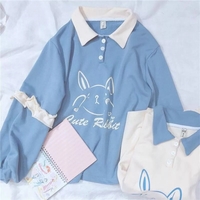 Cute Bunny Rabbit Graphic Vintage Collar Long Sleeve T- Shirt Sweatshirt Aesthetic Casual  E-Girl Kawaii Korean Japanese Harajuku - Thumbnail 3