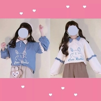 Cute Bunny Rabbit Graphic Vintage Collar Long Sleeve T- Shirt Sweatshirt Aesthetic Casual  E-Girl Kawaii Korean Japanese Harajuku - Thumbnail 4