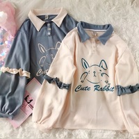 Cute Bunny Rabbit Graphic Vintage Collar Long Sleeve T- Shirt Sweatshirt Aesthetic Casual  E-Girl Kawaii Korean Japanese Harajuku - Thumbnail 5