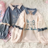 Cute Bunny Rabbit Graphic Vintage Collar Long Sleeve T- Shirt Sweatshirt Aesthetic Casual  E-Girl Kawaii Korean Japanese Harajuku - Thumbnail 6