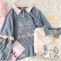 Cute Bunny Rabbit Graphic Vintage Collar Long Sleeve T- Shirt Sweatshirt Aesthetic Casual  E-Girl Kawaii Korean Japanese Harajuku - Thumbnail 8