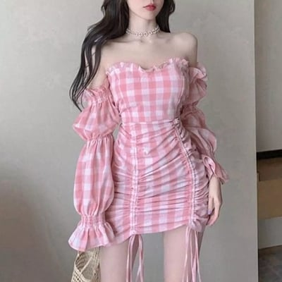 Cute pink gingham plaid off shoulder long sleeve drawstring bodycon dress aesthetic casual summer e-girl kawaii korean japanese harajuku