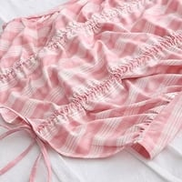 Cute Pink Gingham Plaid Off Shoulder Long Sleeve Drawstring Bodycon Dress Aesthetic Casual Summer E-Girl Kawaii Korean Japanese Harajuku - Thumbnail 3