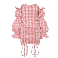 Cute Pink Gingham Plaid Off Shoulder Long Sleeve Drawstring Bodycon Dress Aesthetic Casual Summer E-Girl Kawaii Korean Japanese Harajuku - Thumbnail 4