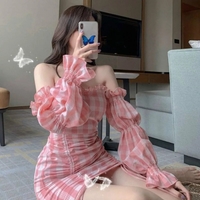 Cute Pink Gingham Plaid Off Shoulder Long Sleeve Drawstring Bodycon Dress Aesthetic Casual Summer E-Girl Kawaii Korean Japanese Harajuku - Thumbnail 6