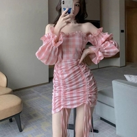 Cute Pink Gingham Plaid Off Shoulder Long Sleeve Drawstring Bodycon Dress Aesthetic Casual Summer E-Girl Kawaii Korean Japanese Harajuku - Thumbnail 8